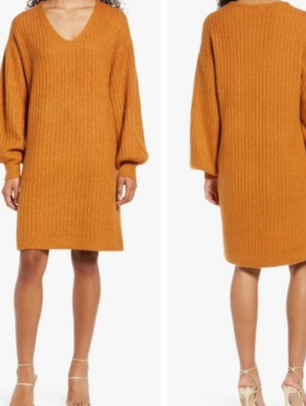 Rachel Parcell Ribbed V-Neck Sweater Dress in Warm Caramel